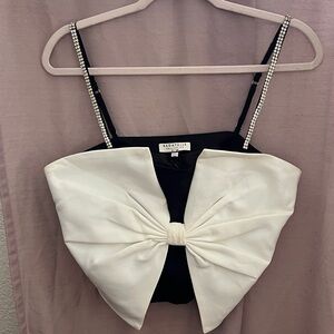 bagatelle Black and White Bow-Front Rhinestone Strap Crop Top
